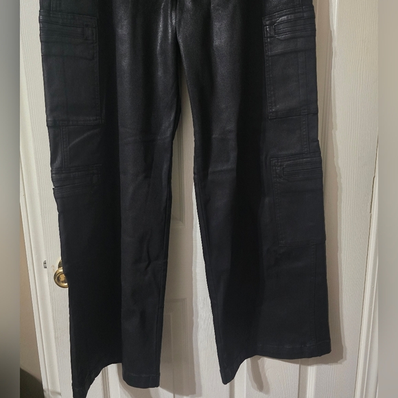 Coated Wide Leg Cargo Jeans by Hudson, Black Leather Effect, High Waist, EUC! - Picture 4 of 15